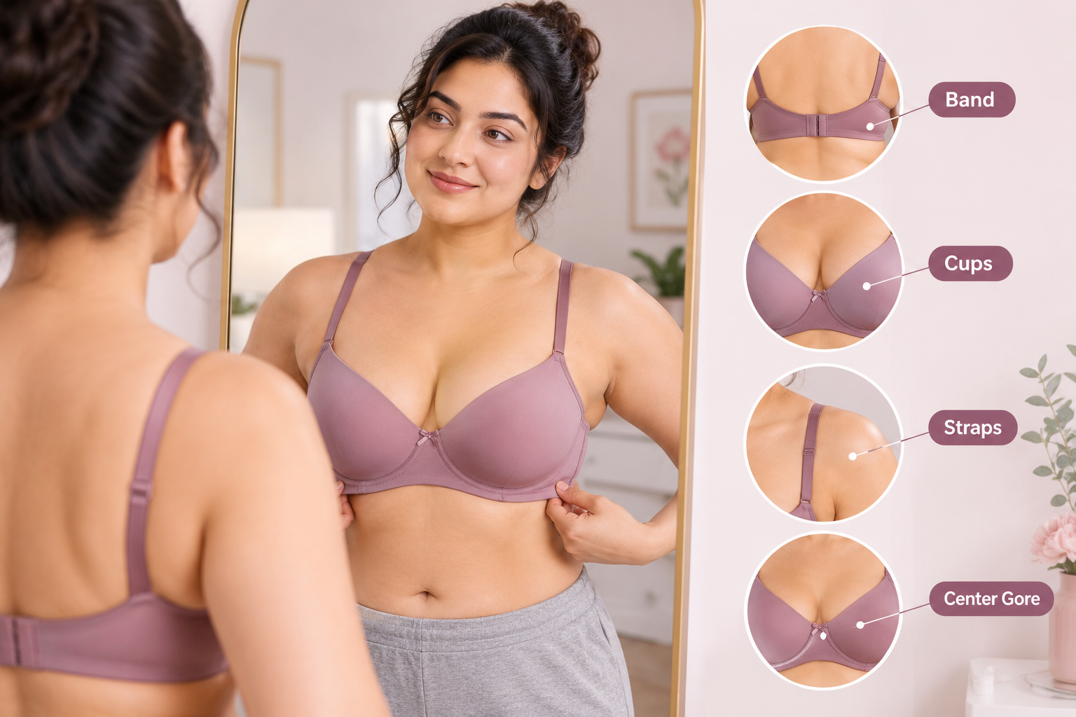 How should a bra fit with band cups straps and center gore